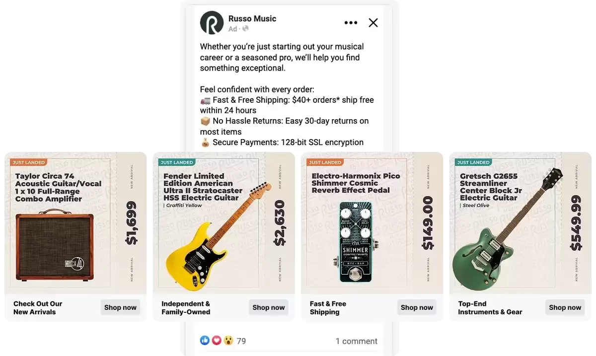 Russo Music New Arrival Meta campaign carousel ad